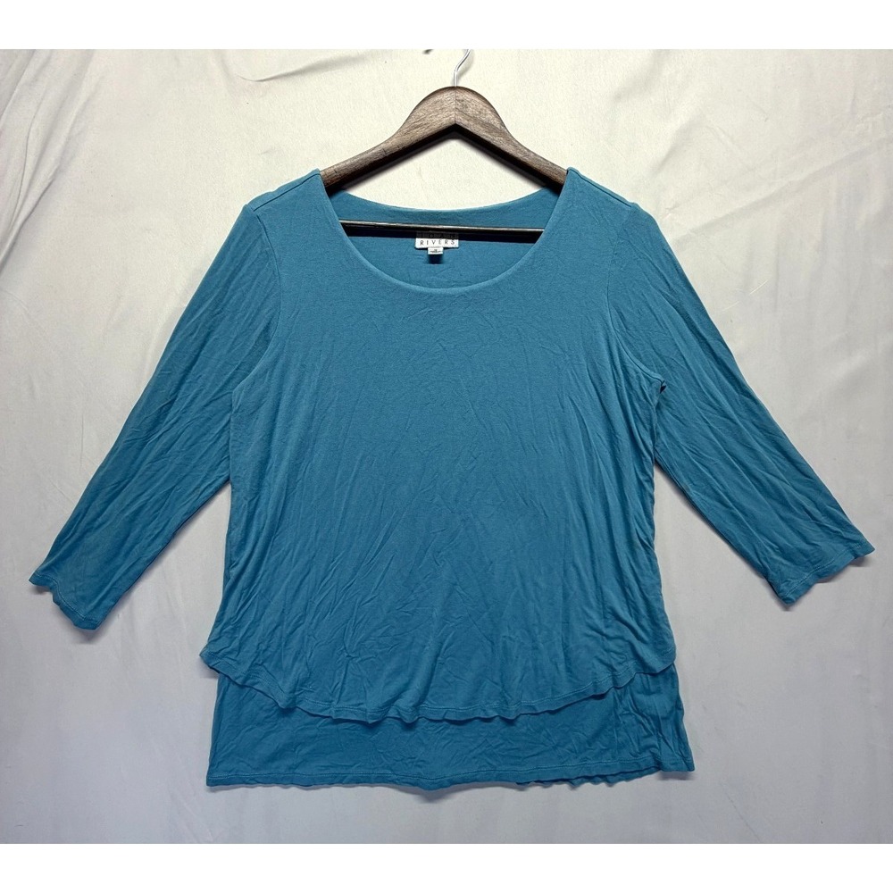 Joan Rivers Blouse Top Women Medium Teal Rayon Scoop Neck 3/4 Sleeve Layered Hem